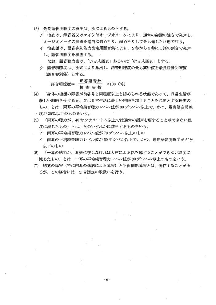 吹田、障害、高齢者、生活保護、第３　障害認定に当たっての基準、第１章障害等級認定基準第２節／聴覚の障害等