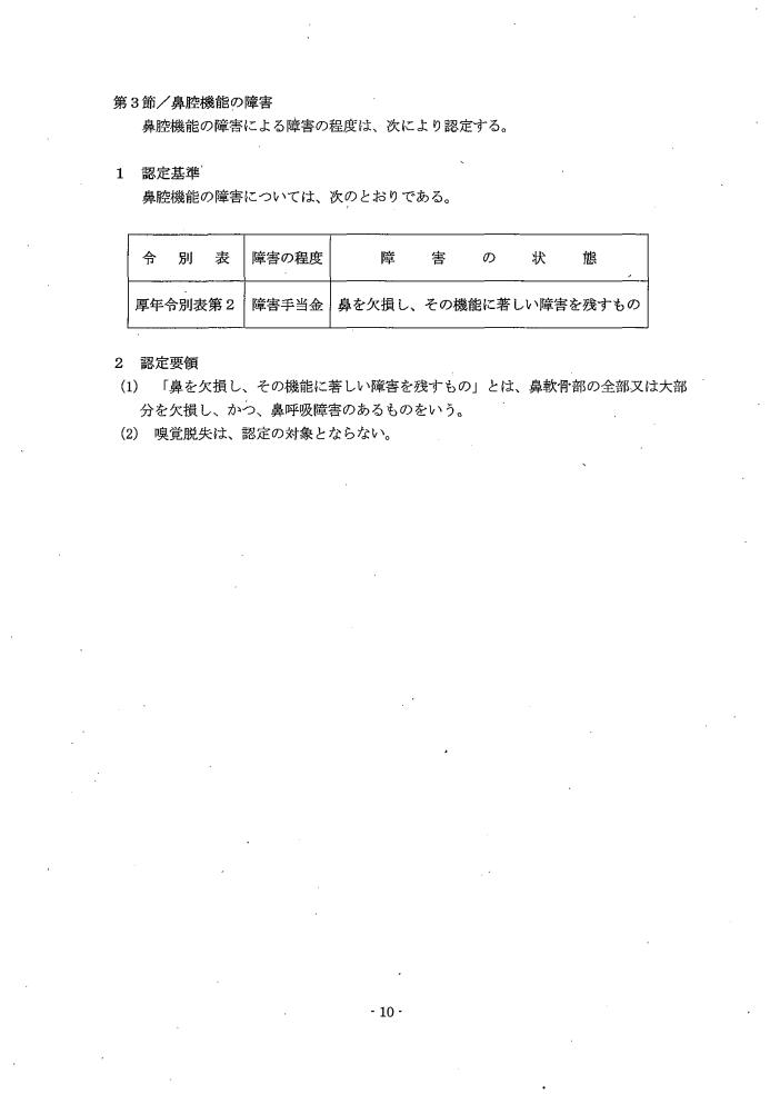 吹田、障害、高齢者、生活保護、第３　障害認定に当たっての基準、第１章障害等級認定基準第３節／鼻腔機能障害