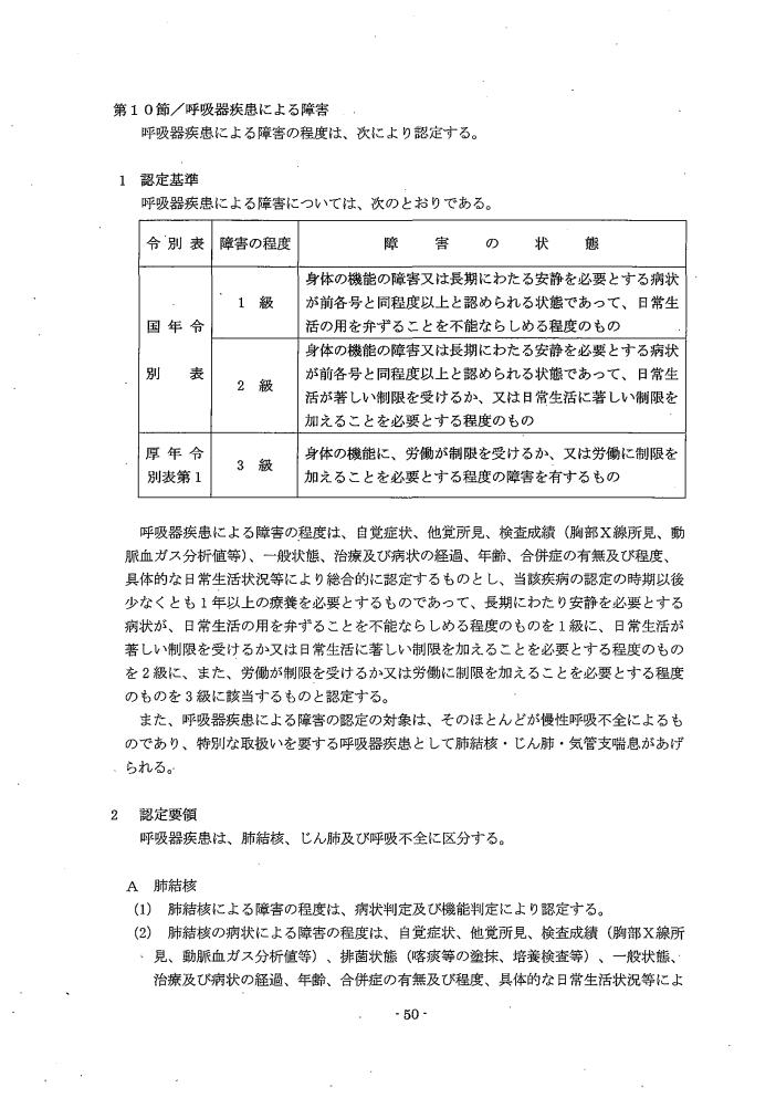 吹田、障害、高齢者、生活保護、第３　障害認定に当たっての基準、第１章障害等級認定基準第１０節／呼吸器疾患の障害