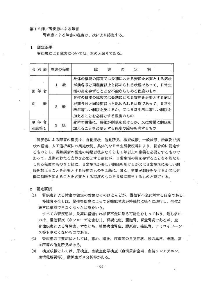 吹田、障害、高齢者、生活保護、第３　障害認定に当たっての基準、第１章障害等級認定基準第１２節／腎肝疾患によるの障害