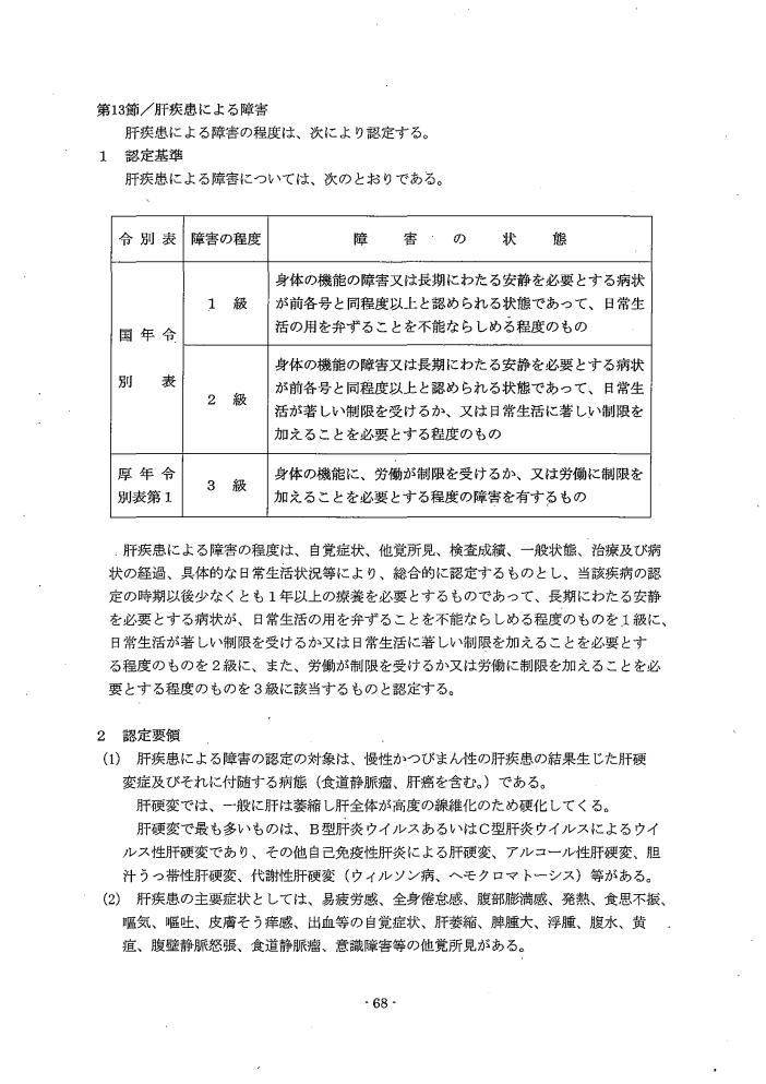 吹田、障害、高齢者、生活保護、第３　障害認定に当たっての基準、第１章障害等級認定基準第１３節／肝疾患によるの障害